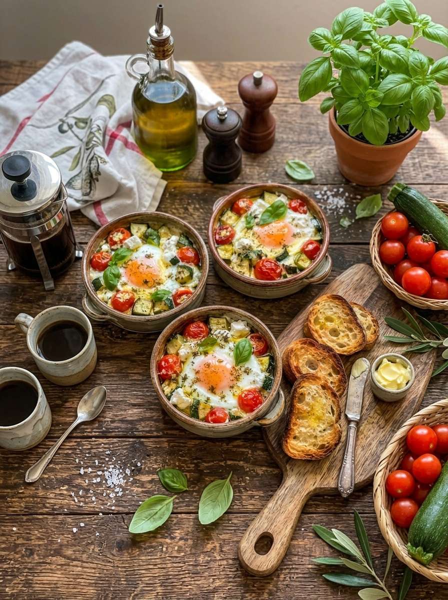 Œufs cocotte courgettes, tomates cerises et chèvre frais servis dans des ramequins rustiques avec basilic frais et pain grillé.