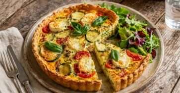 Quiche courgettes tomates et chèvre frais dorée servie sur une table rustique avec basilic frais et salade verte.