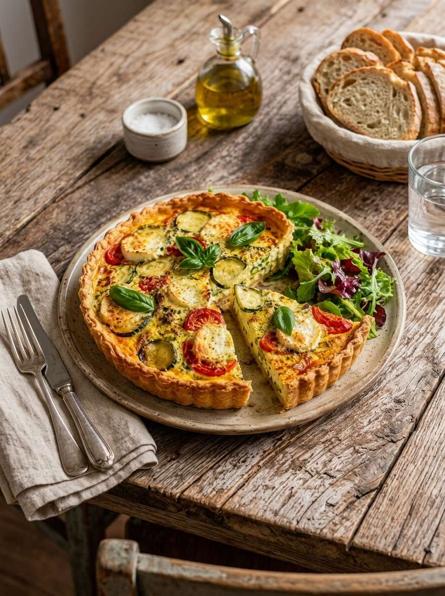 Quiche courgettes tomates et chèvre frais dorée servie sur une table rustique avec basilic frais et salade verte.