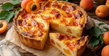 Flan pâtissier abricots et vanille bien doré avec crème fondante, morceaux d’abricots et pâte croustillante sur table rustique.