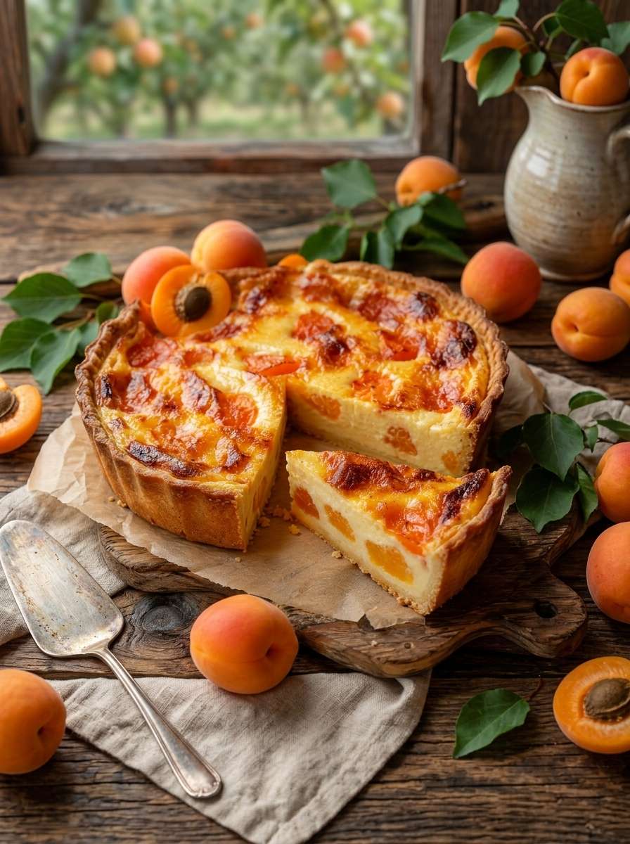 Flan pâtissier abricots et vanille bien doré avec crème fondante, morceaux d’abricots et pâte croustillante sur table rustique.