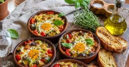 Œufs cocotte ratatouille et mozzarella servis dans des ramequins rustiques avec courgettes, tomates, aubergines et basilic frais.