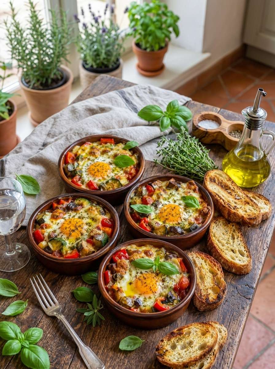 Œufs cocotte ratatouille et mozzarella servis dans des ramequins rustiques avec courgettes, tomates, aubergines et basilic frais.