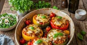 Poivrons farcis au riz, tomates et mozzarella gratinée dans un plat rustique avec basilic frais.