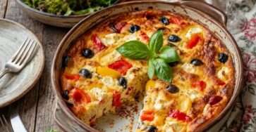 Clafoutis salé poivrons, feta et olives servi dans un plat rustique avec basilic frais et texture moelleuse dorée au four.