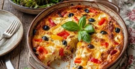Clafoutis salé poivrons, feta et olives servi dans un plat rustique avec basilic frais et texture moelleuse dorée au four.