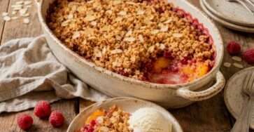 Crumble pêches framboises aux amandes doré au four avec fruits fondants, pâte croustillante et boule de glace vanille.