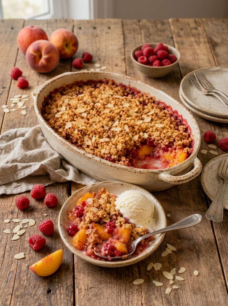 Crumble pêches framboises aux amandes doré au four avec fruits fondants, pâte croustillante et boule de glace vanille.