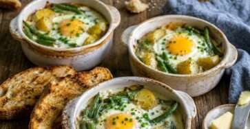 Œufs cocotte haricots verts, pommes de terre nouvelles et crème ciboulette servis dans des ramequins rustiques.