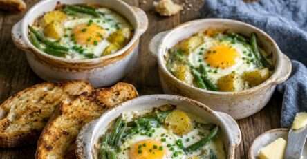 Œufs cocotte haricots verts, pommes de terre nouvelles et crème ciboulette servis dans des ramequins rustiques.