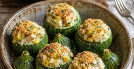 Courgettes farcies poulet, maïs et fromage frais gratinées au four dans un plat rustique avec herbes fraîches.