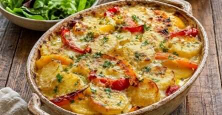 Gratin pommes de terre poivrons et comté doré au four dans un plat rustique avec poivrons rôtis, crème fondante et herbes fraîches.