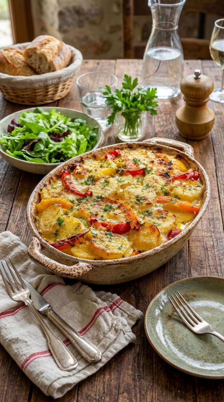 Gratin pommes de terre poivrons et comté doré au four dans un plat rustique avec poivrons rôtis, crème fondante et herbes fraîches.