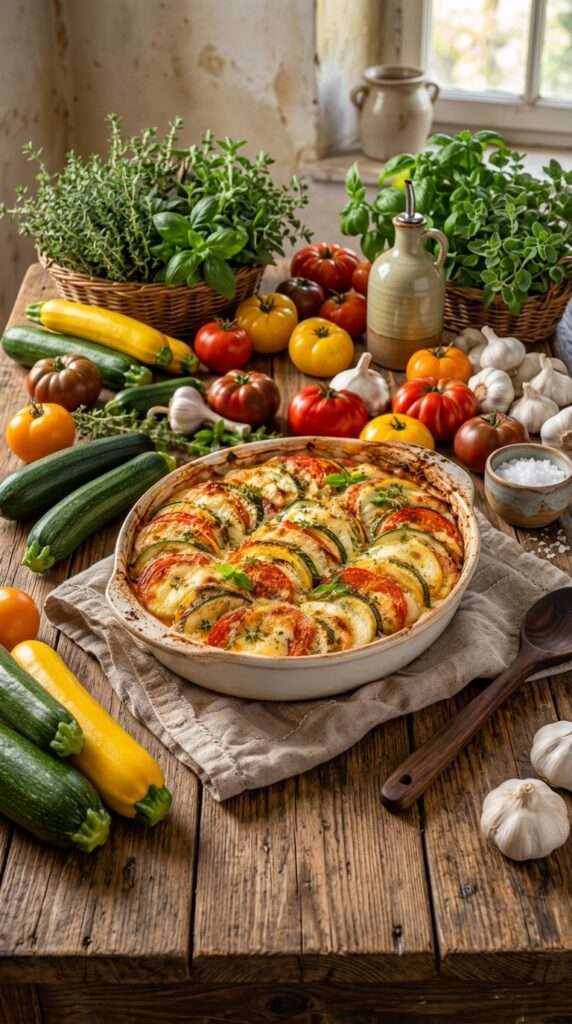 Tian provençal aux courgettes, tomates et mozzarella gratiné au four dans un plat en céramique.