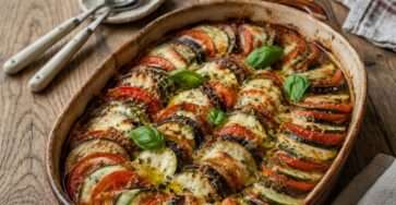 Tian provençal courgettes, tomates, aubergines et mozzarella gratinée dans un plat rustique avec basilic frais.