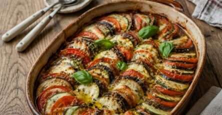 Tian provençal courgettes, tomates, aubergines et mozzarella gratinée dans un plat rustique avec basilic frais.