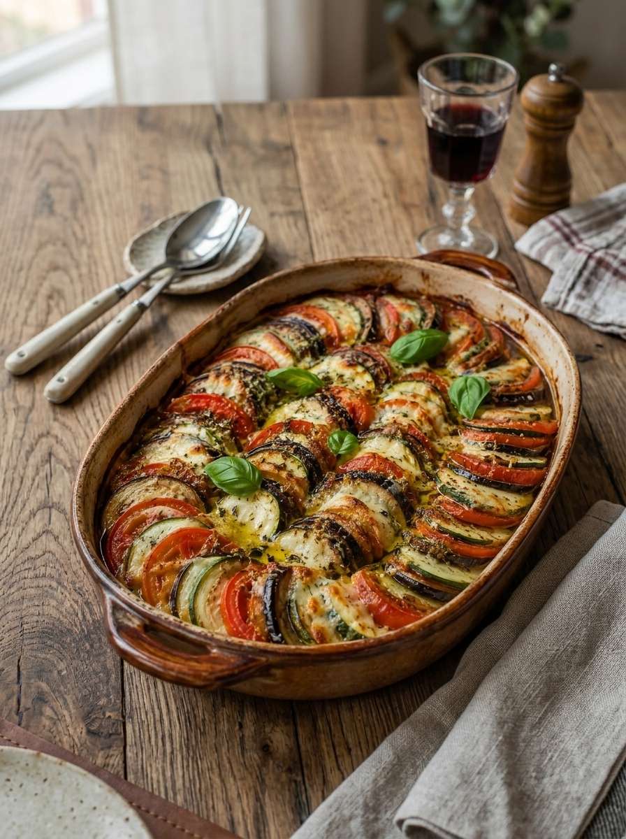 Tian provençal courgettes, tomates, aubergines et mozzarella gratinée dans un plat rustique avec basilic frais.