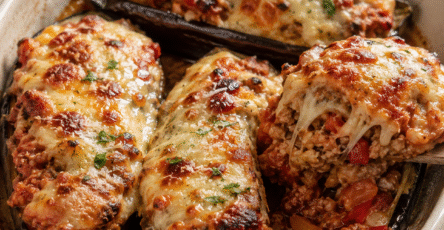 Aubergines farcies au poulet et au fromage gratiné
