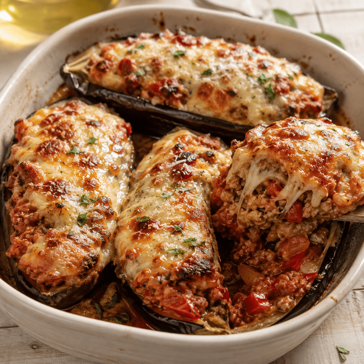 Aubergines farcies au poulet et au fromage gratiné