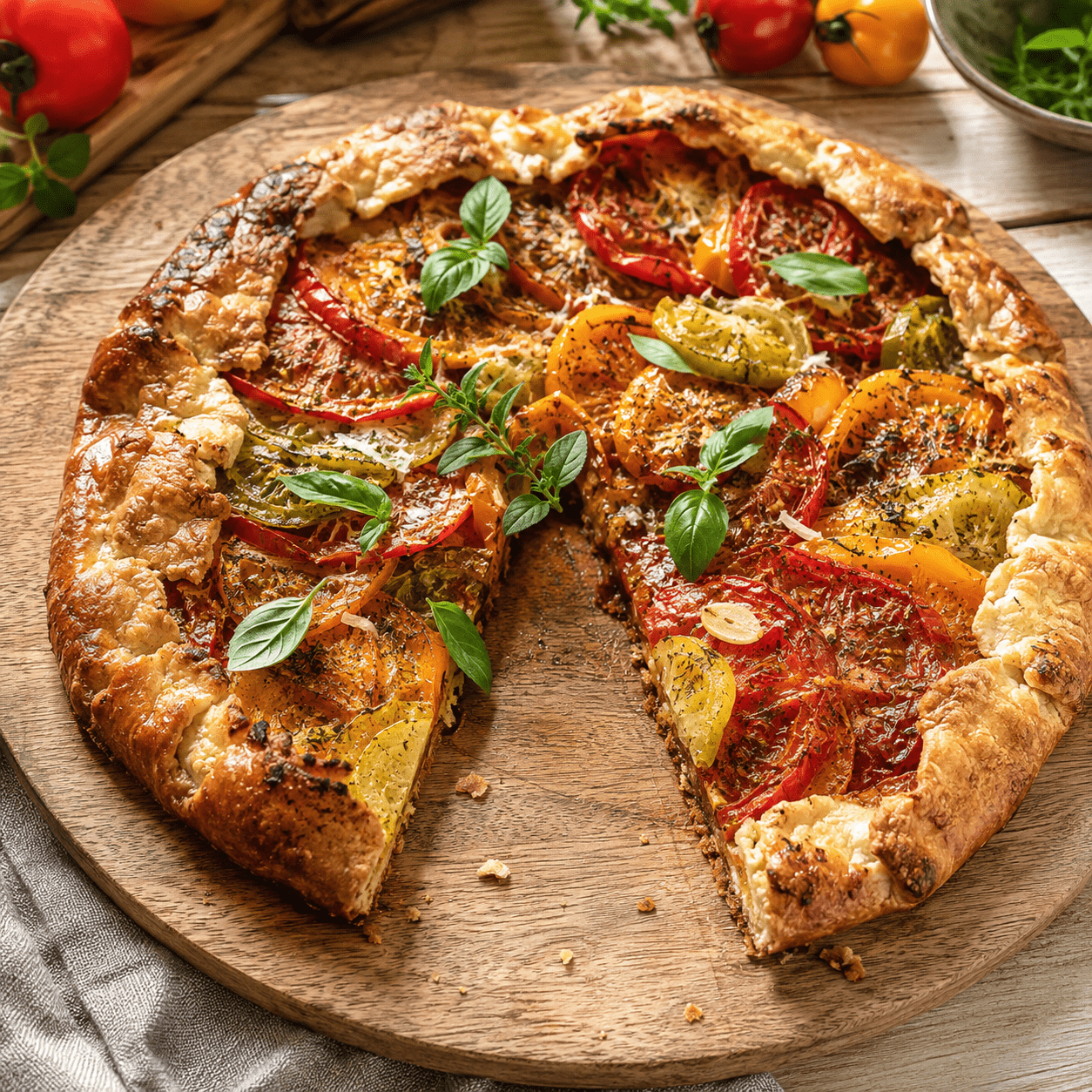 Tarte rustique aux tomates multicolores et au parmesan