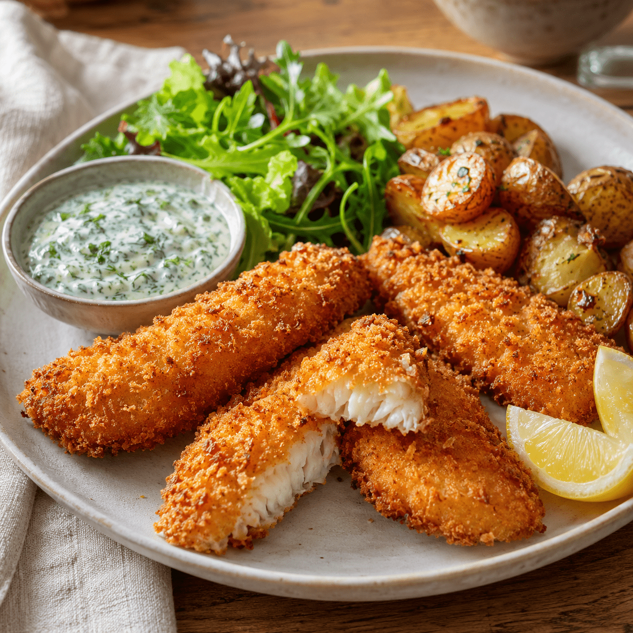 Poisson pané maison croustillant avec citron et sauce