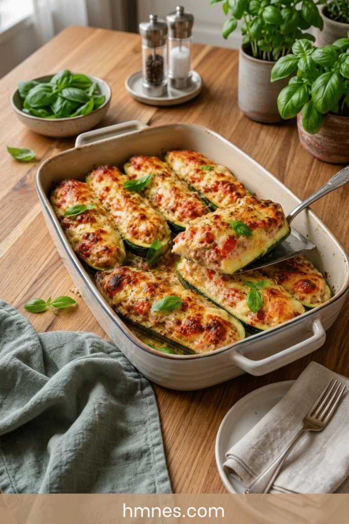 Courgettes gratinées au thon, tomate et mozzarella