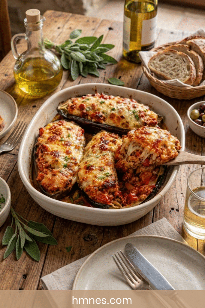 Aubergines farcies au poulet et au fromage gratiné